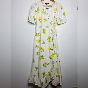 NWT Lemon print Midi Wrap Dress Size 6 Linen blend Tropical Resort Vacation